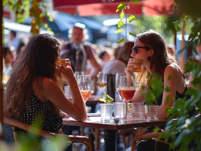 Individuals savoring beverages at a bistro on a scorching summer afternoon in France.