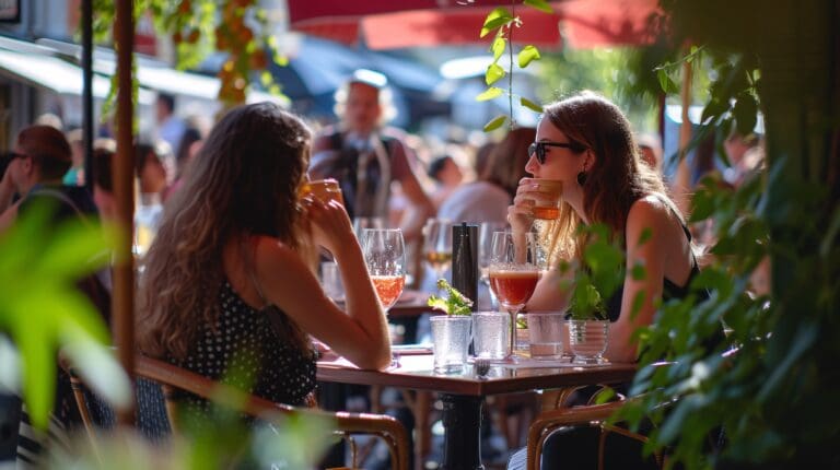 Individuals savoring beverages at a bistro on a scorching summer afternoon in France